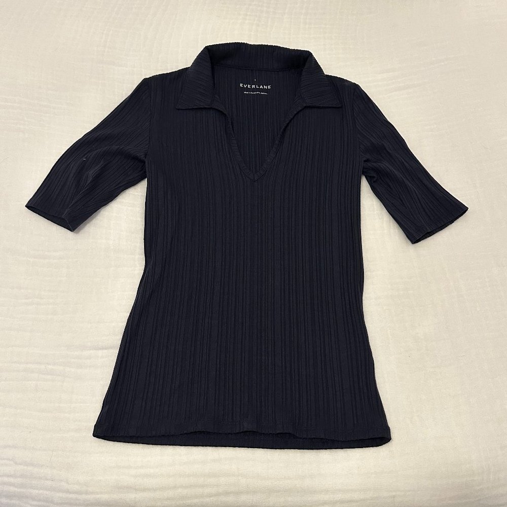 Everlane Rib Soft Knit Open Collar Polo - Navy